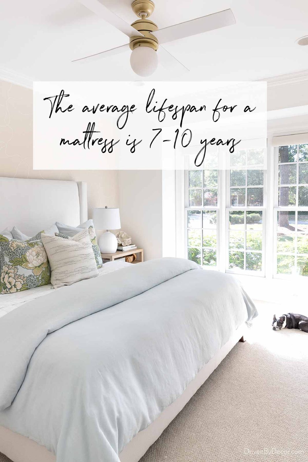 Bedroom with king bed and text saying the average lifespan for a mattress is 7-10 years