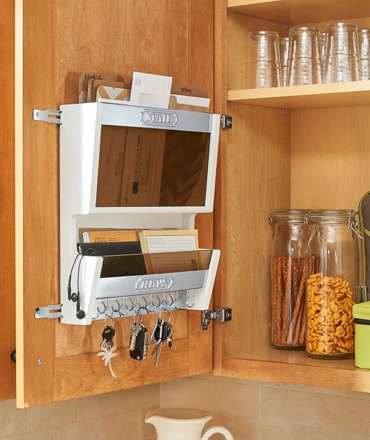 Mail organizer mounted on the back of a cabinet door