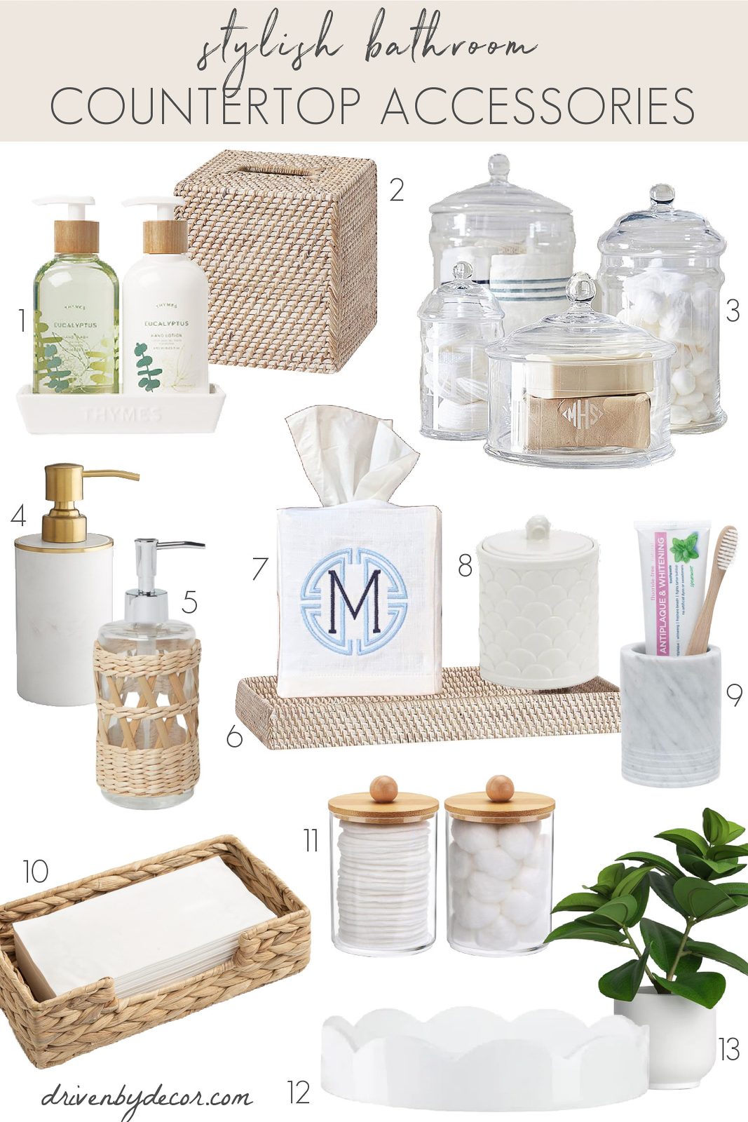 Bathroom decor ideas for your countertop including soap pumps, tissue boxes, trays, and more.