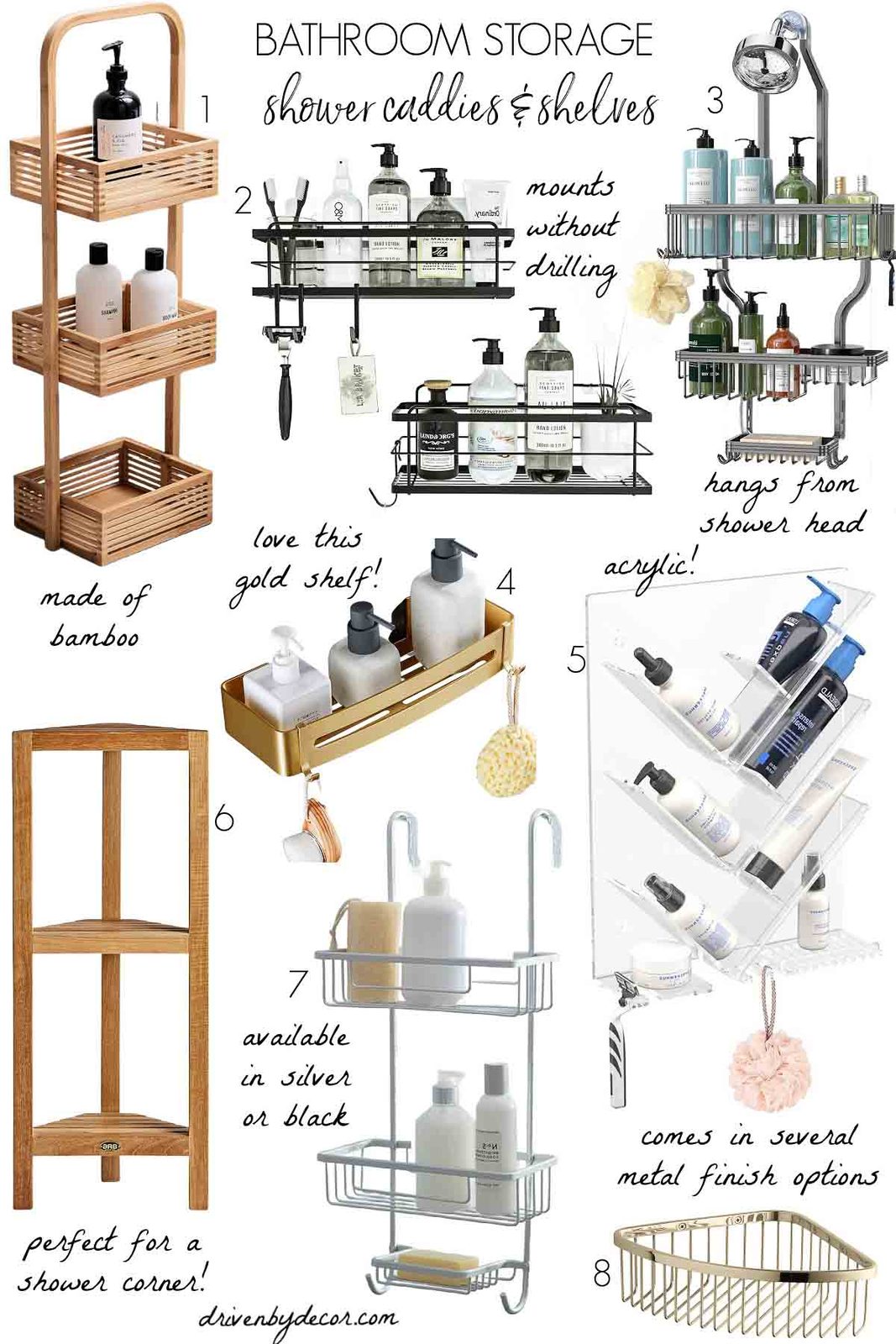 Bathroom shower caddies and shelves