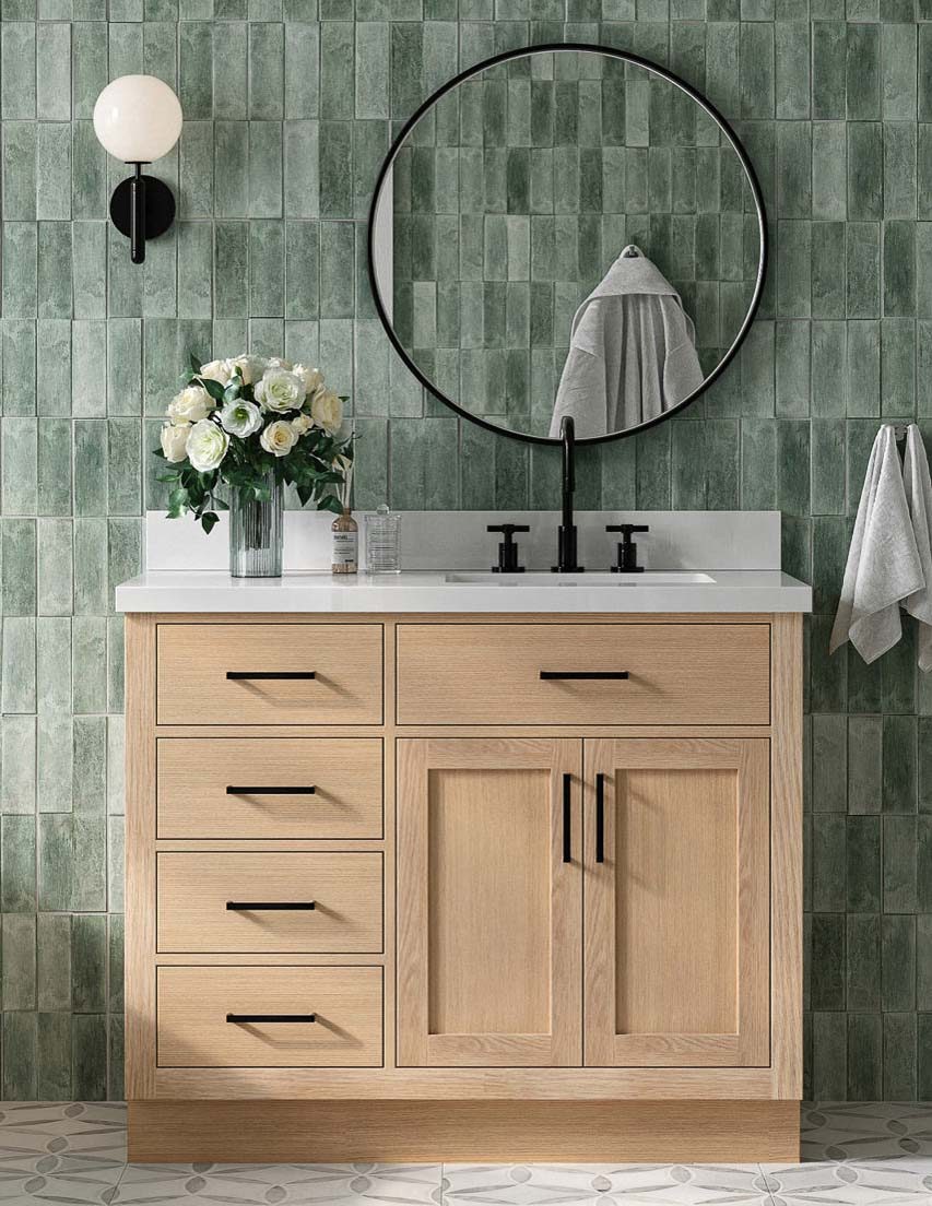 Oak bathroom vanity with offset sink