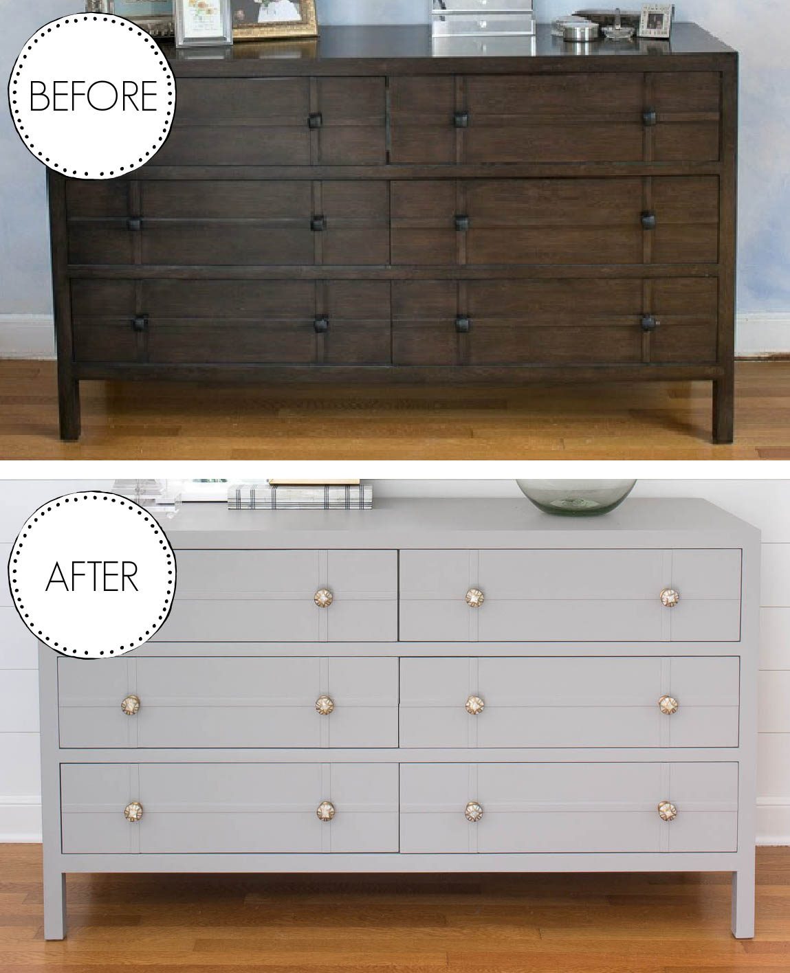 Picture from before and after painting a bedroom dresser