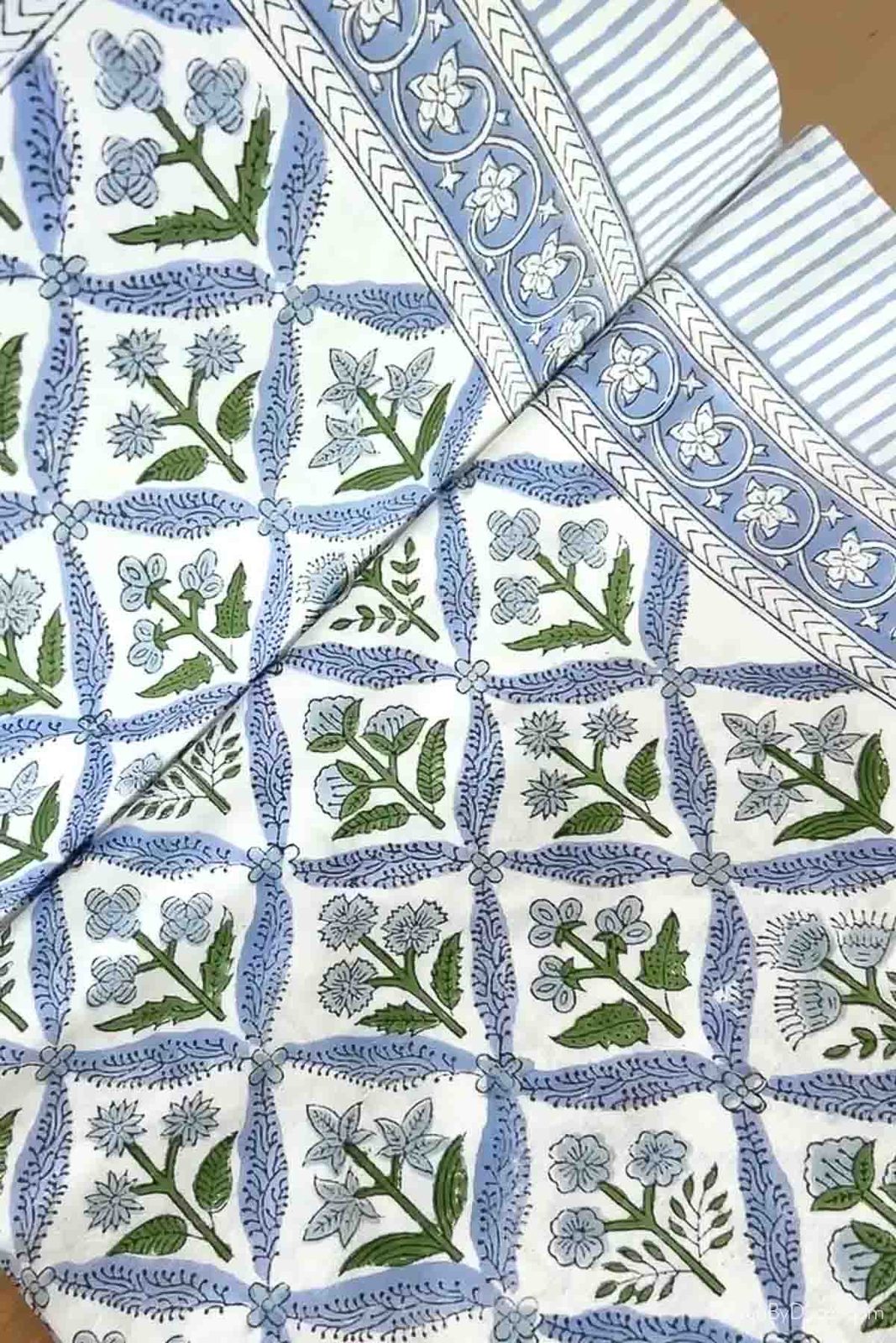 Blue block print tablecloth close-up