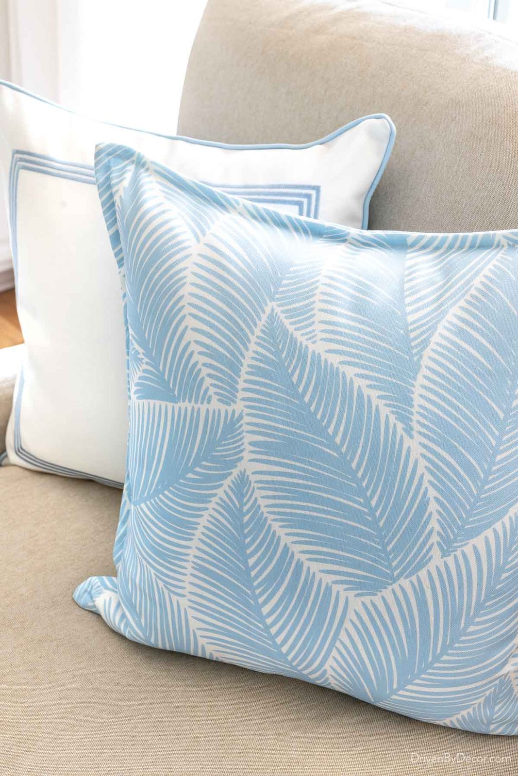 Blue palm pattern budget throw pillow