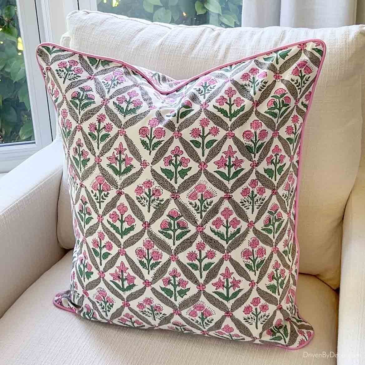 Pink block print throw pillow covers