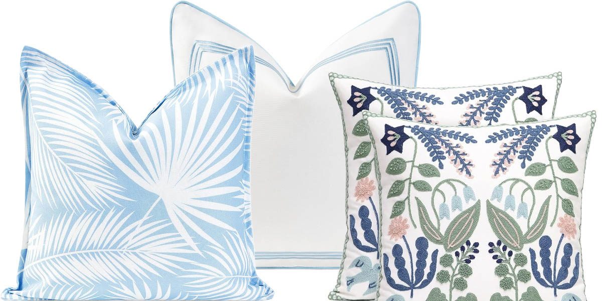 Budget throw pillows in light blue and green