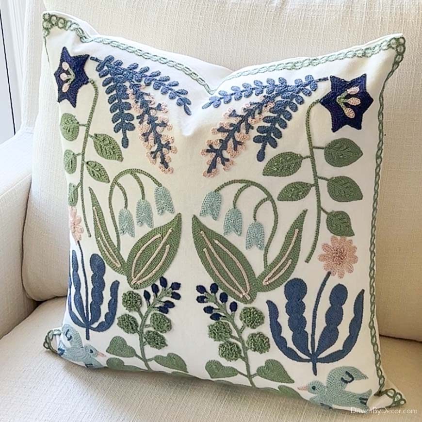 Embroidered floral and bird patterned throw pillows at budget-friendly price