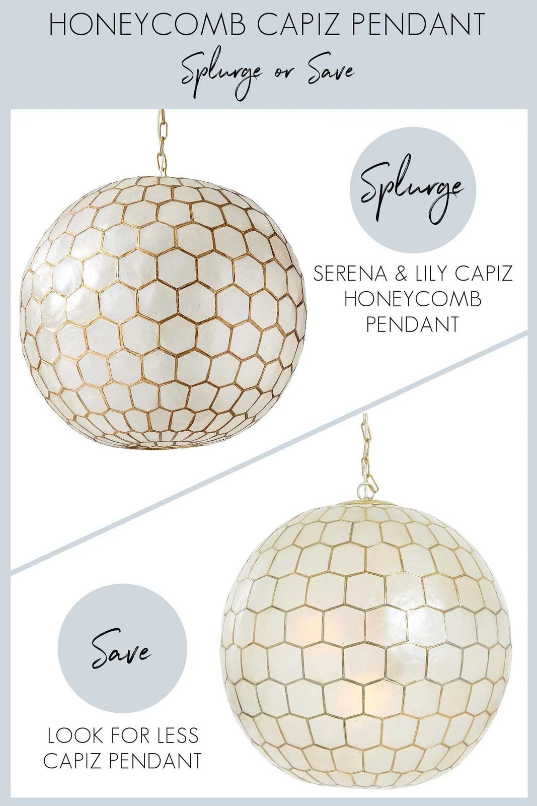 Capiz honeycomb pendant in splurge and save versions