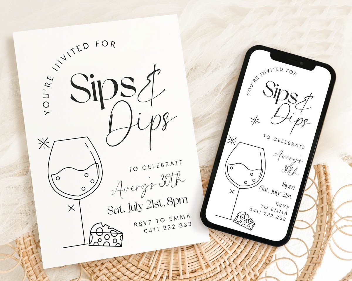 Samples of a charcuterie party invitation labeled Sips & Dips