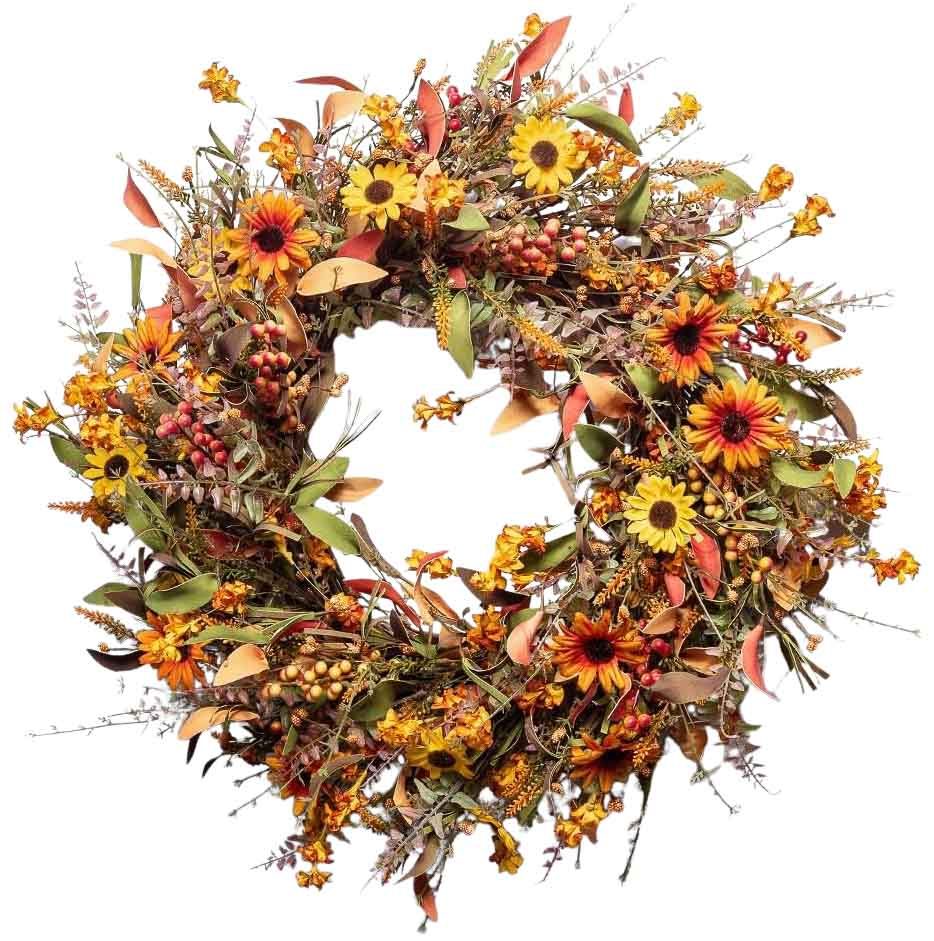 Inexpensive fall wreath with daisies, leaves, and berries