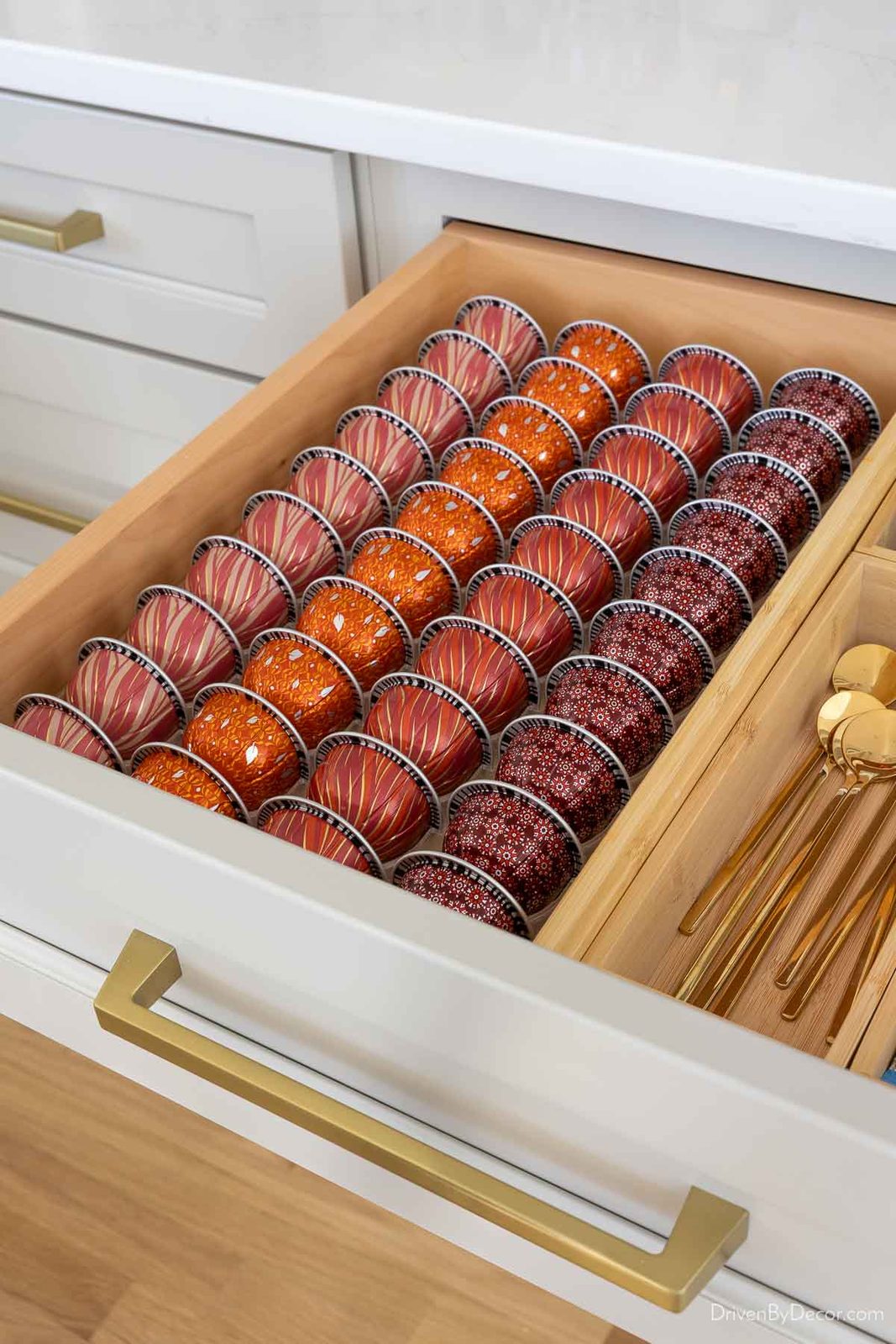 Holiday Nespresso pods organized with pod holder in drawer