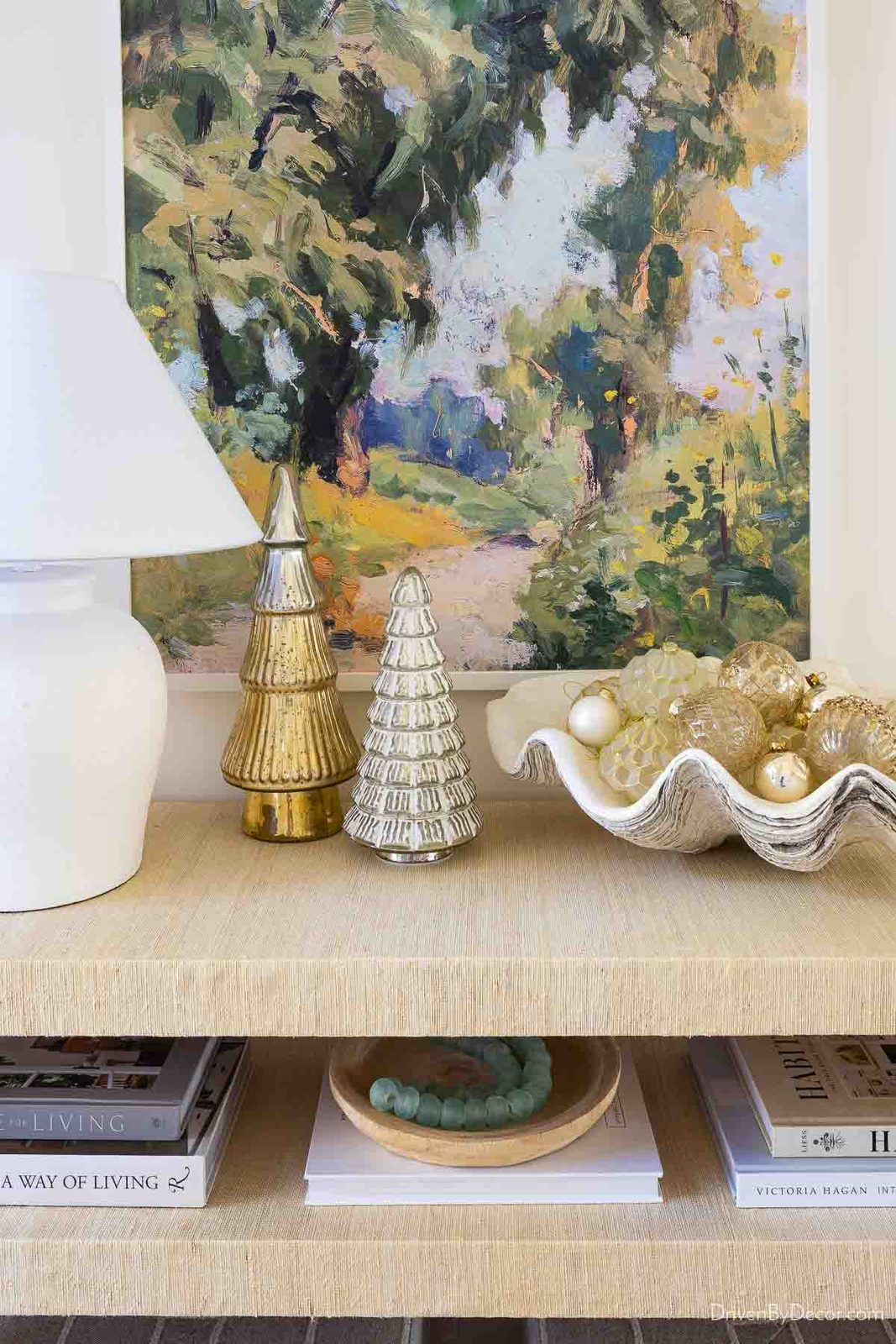 Mercury Christmas trees and ornaments added to entryway console