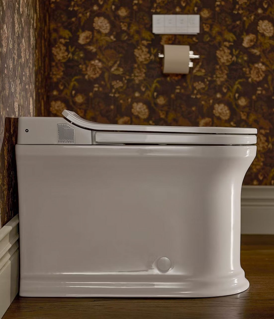 Smart toilet in room with floral wallpaper