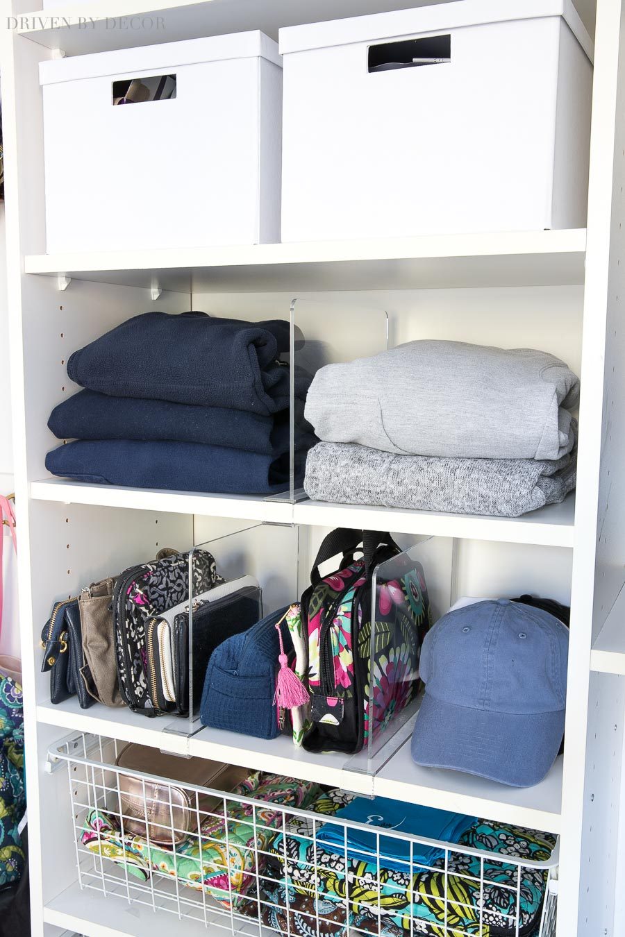 Clear acrylic shelf dividers are the perfect, simple way to organize and keep everything in place in your closet!