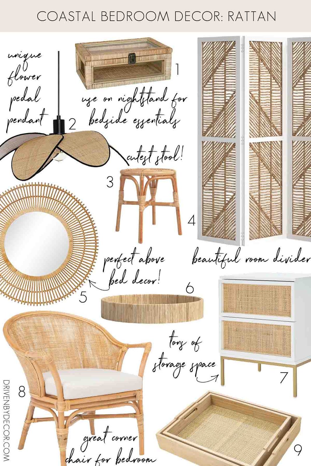 Rattan furniture and accessories for coastal bedroom decor