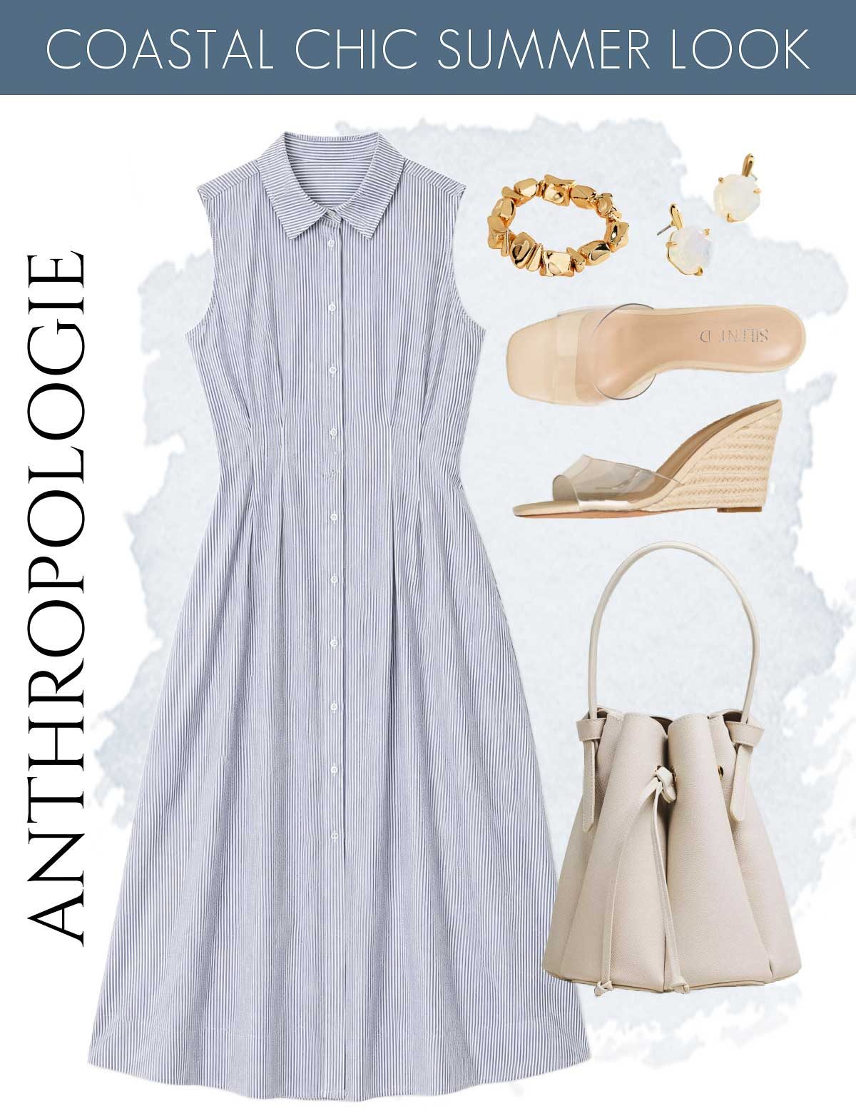Blue and white striped dress with neutral dress, sandals, and gold bracelet