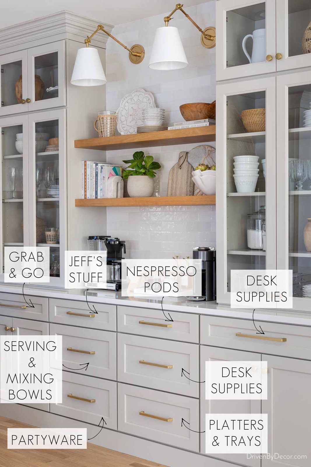 Coffee bar with contents of each drawer labeled