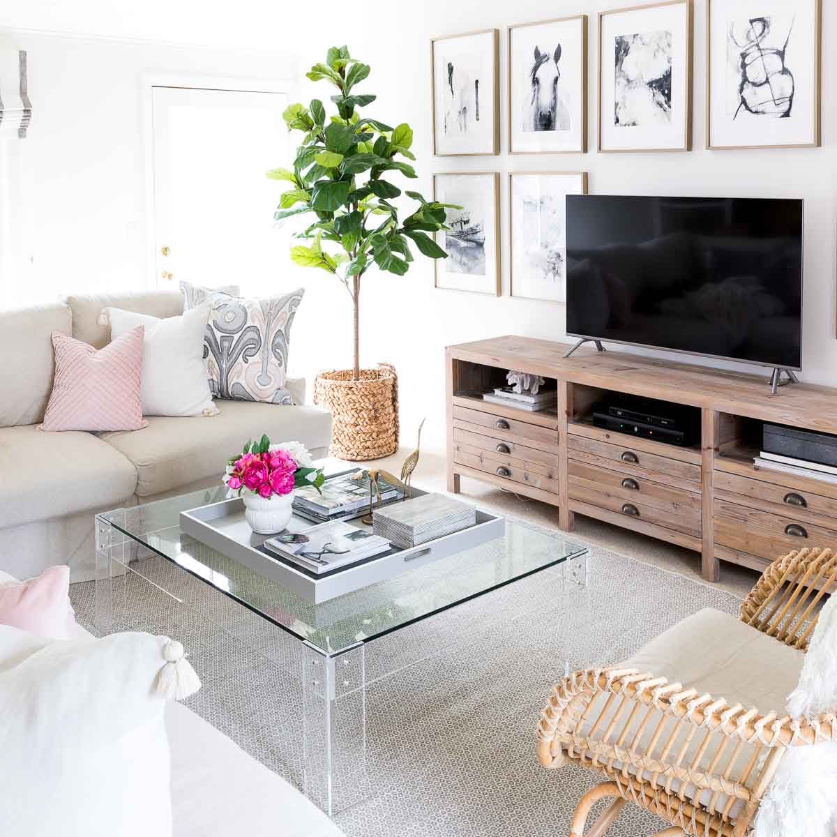 Coffee table dimensions in living room with sectional and media console