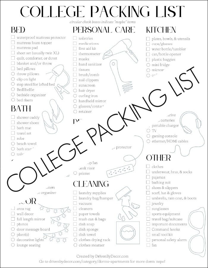 College packing list printable