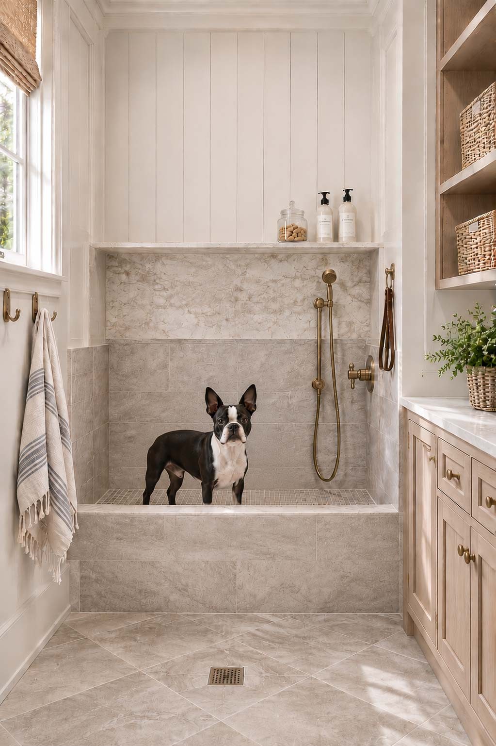 Rendering of custom dog wash with Boston terrier in tub