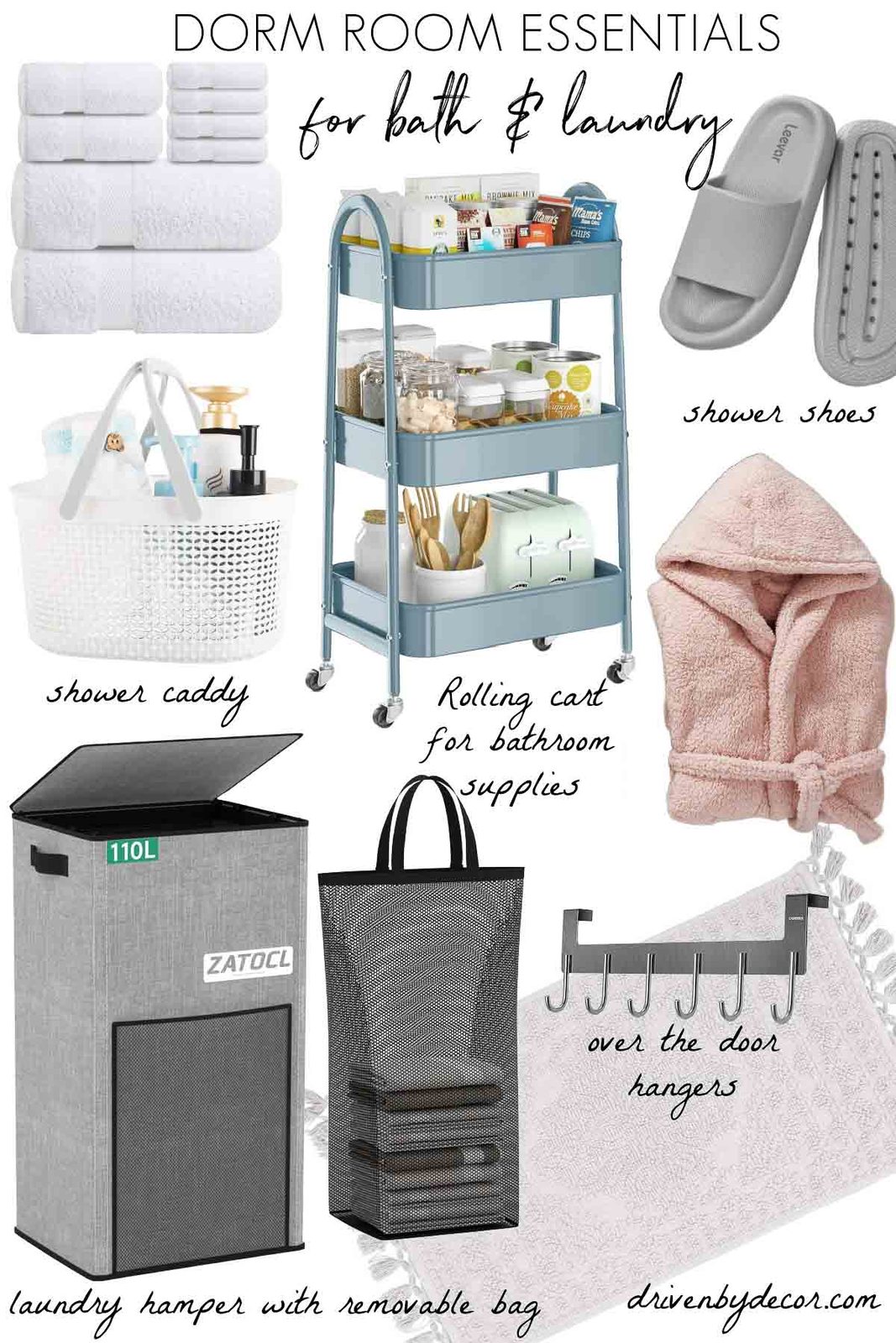 Dorm room essentials for the bath and laundry