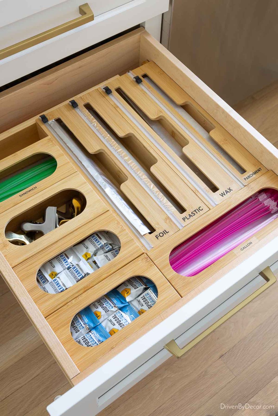 Kitchen drawer organizers for baggies, wraps, chip clips, and cleaning tabs