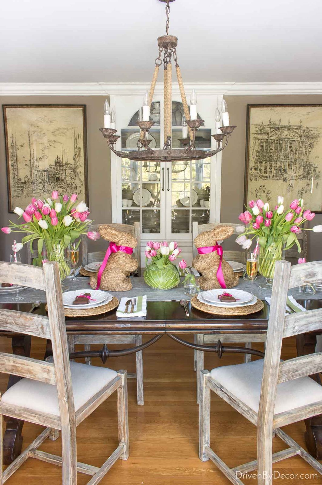 Centerpiece of bunnies and tulips