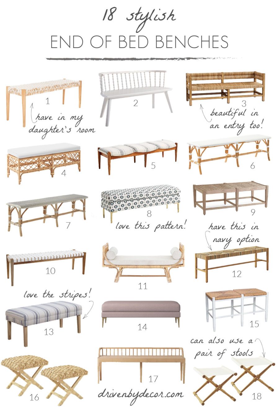 Stylish end of bed bench options - love so many of these!
