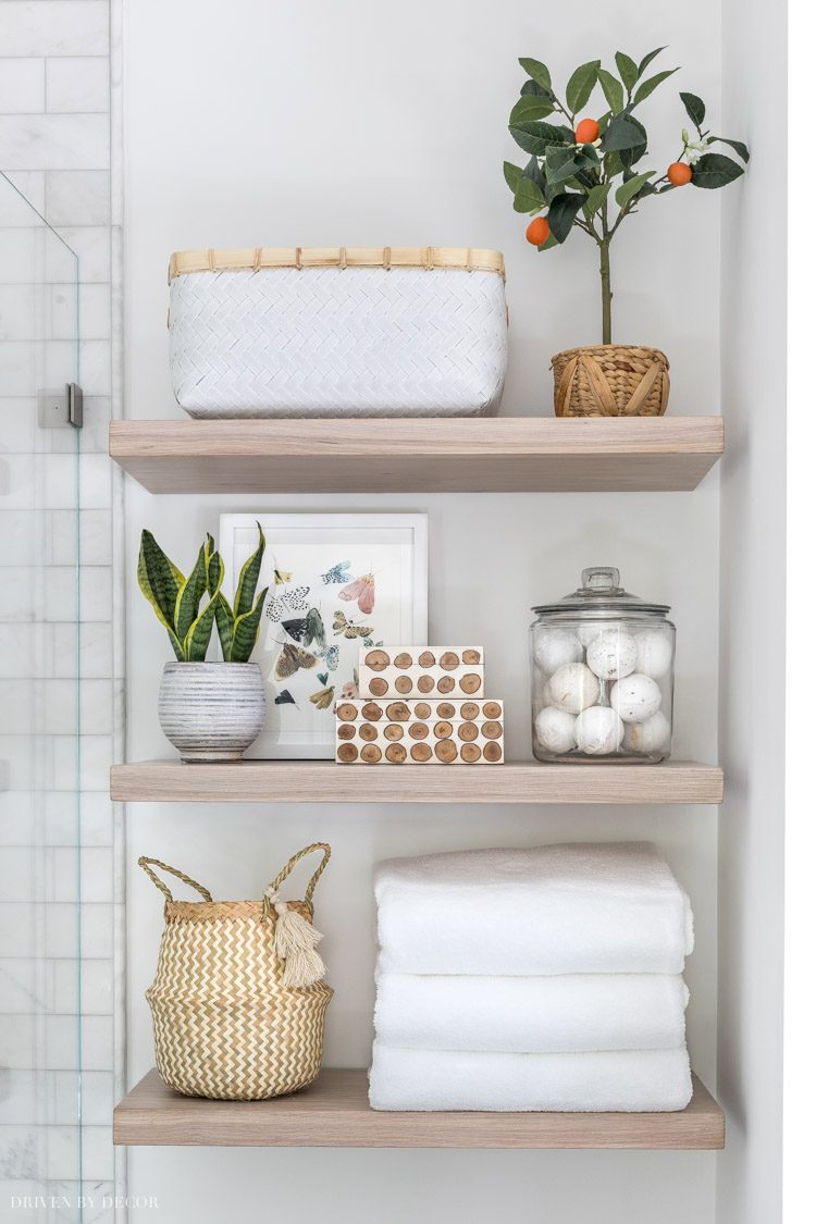 Details on our floating wood shelves in our bathroom and kitchen!