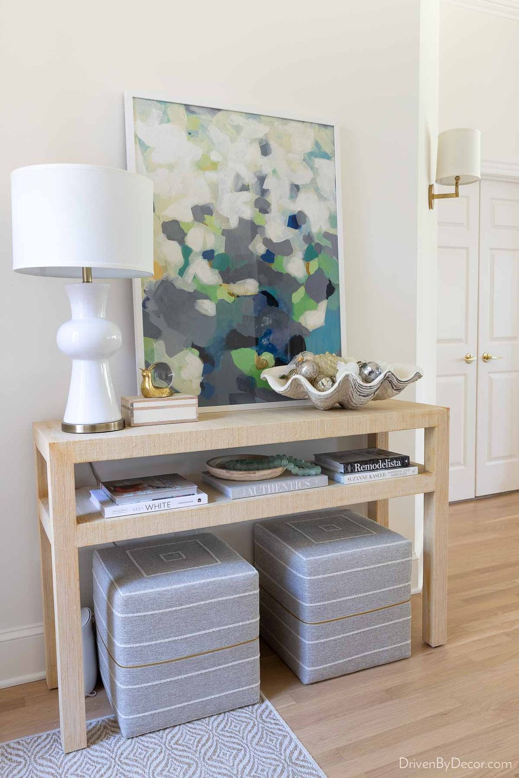 Our entryway console with decorative giant clamshell