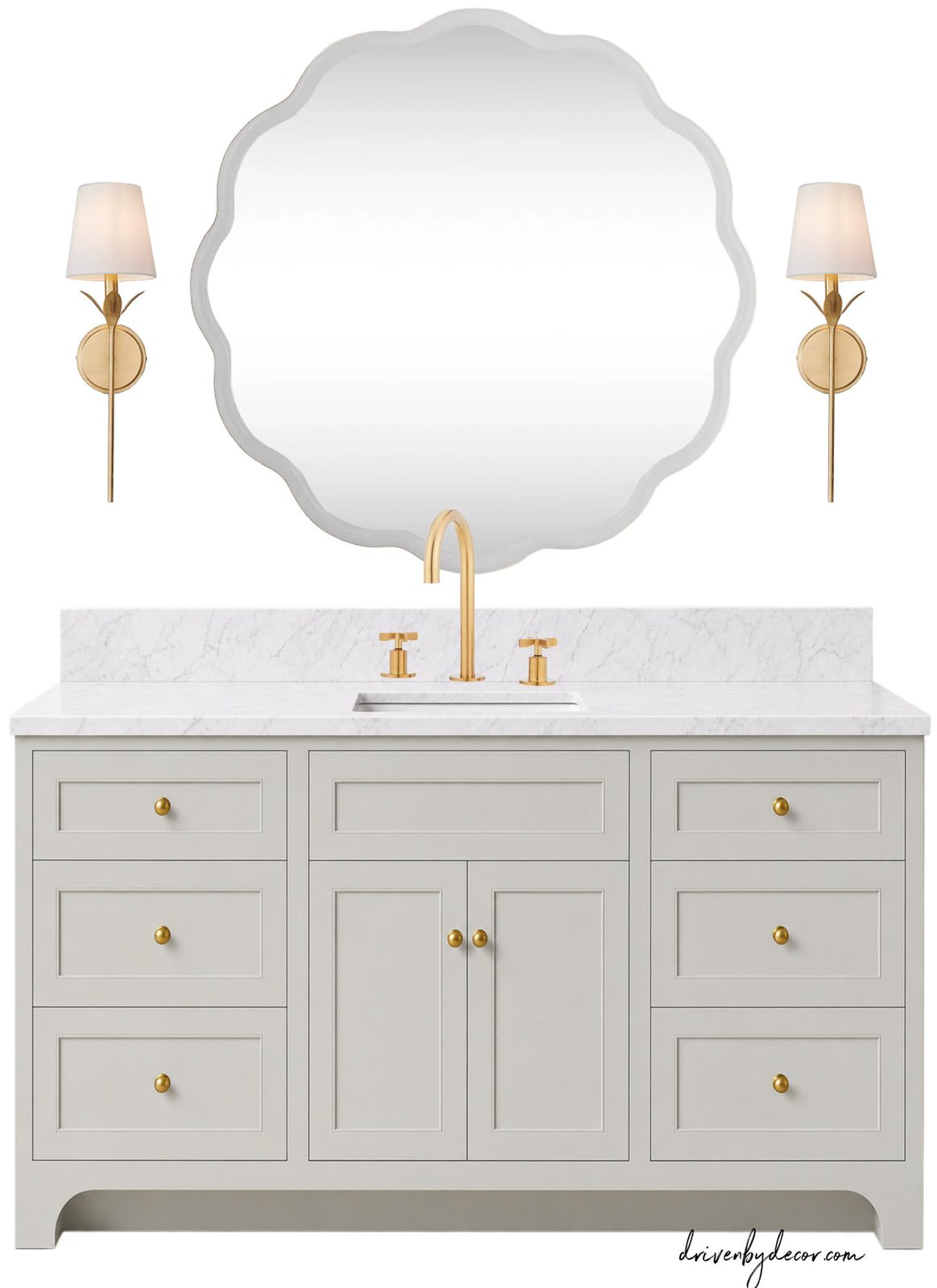 Light green bathroom vanity with wavy mirror and sconces