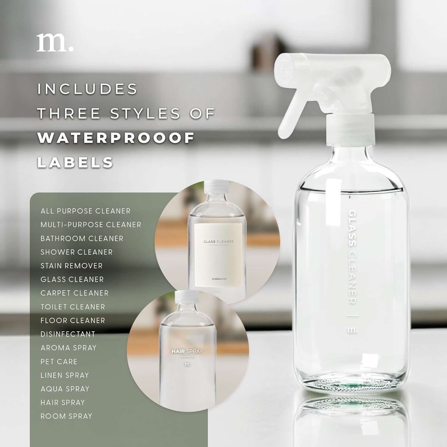 Glass spray bottle set for cleaning solutions
