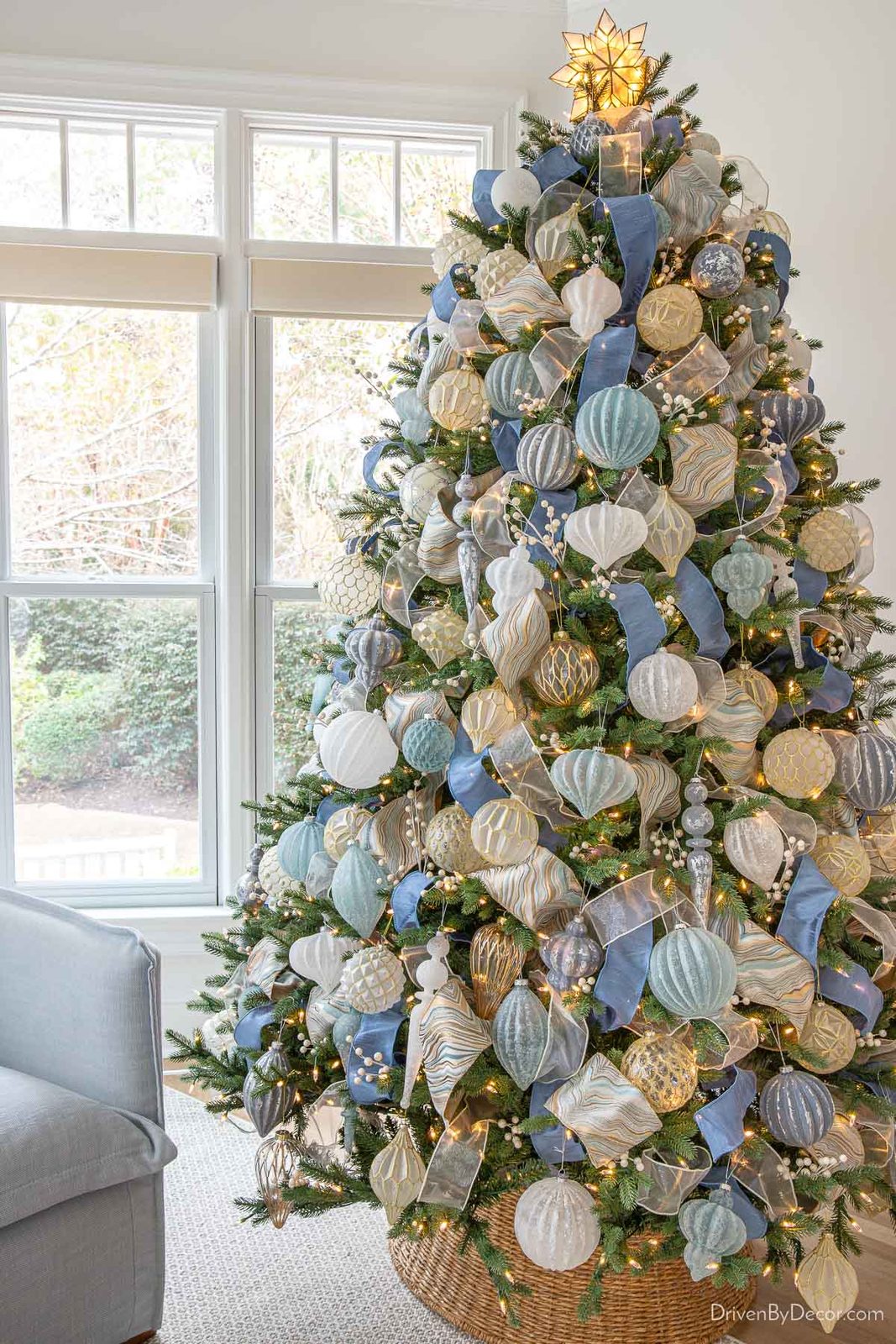 Christmas tree with white and blue ornaments