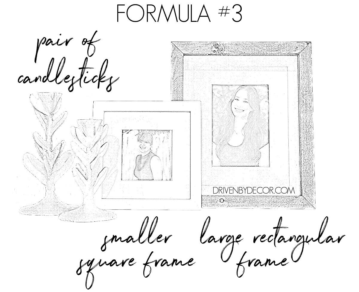 Formula for how to decorate a bookshelf - frames + candlesticks
