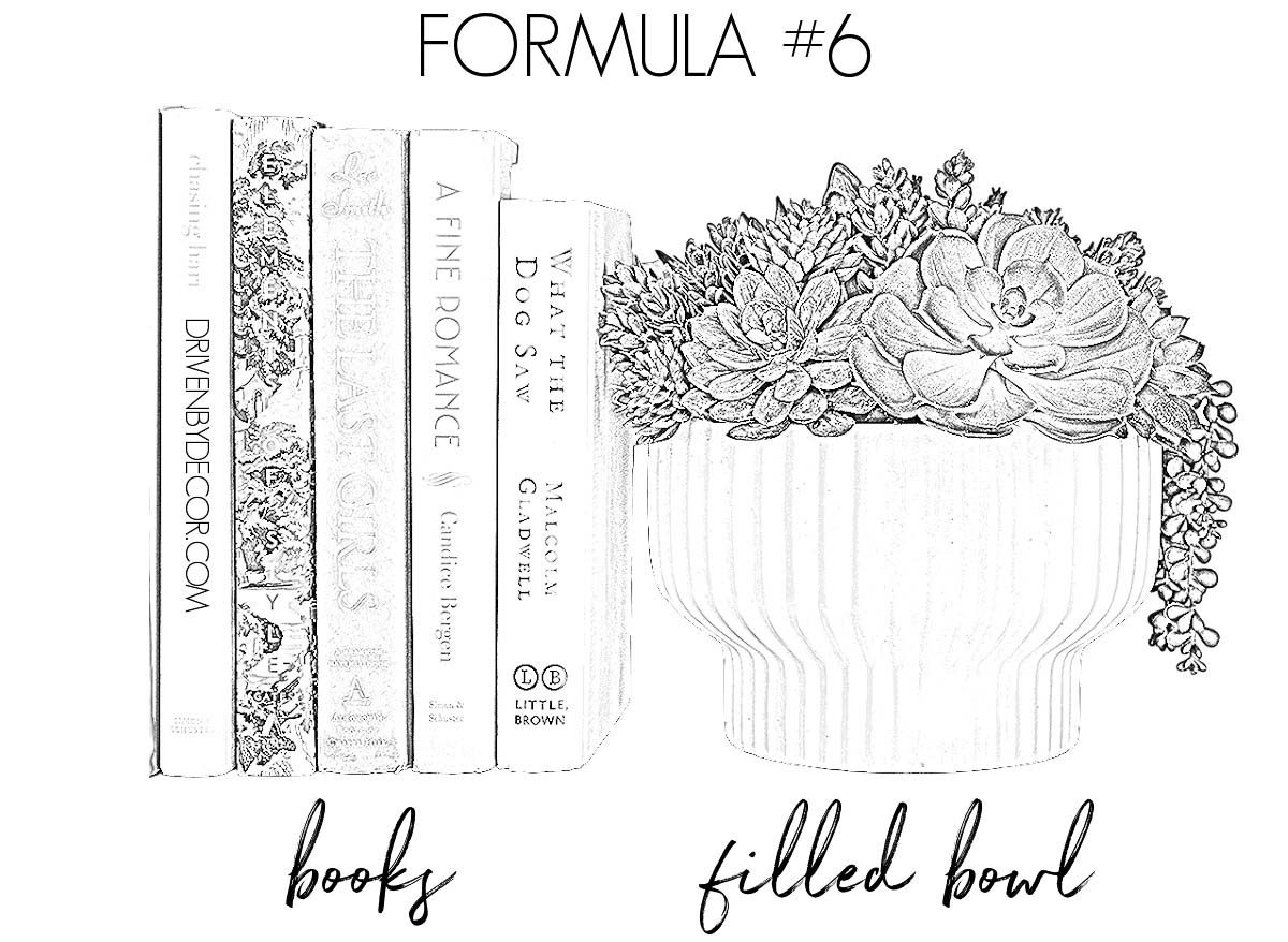Formula for how to decorate a bookshelf - books + filled bowl