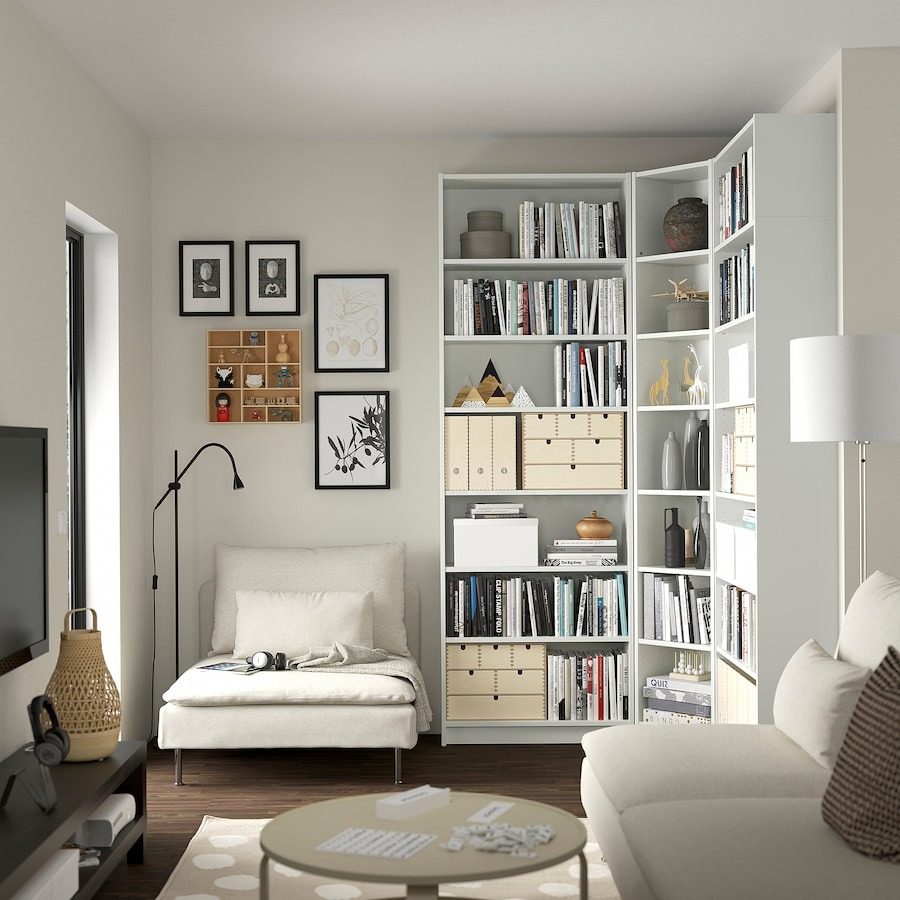 White corner bookcase in living room