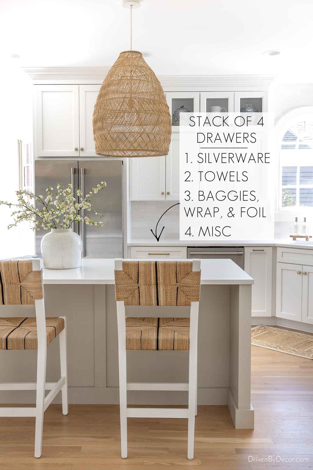 Kitchen drawer organizers in each of the four drawers next to our refrigerator