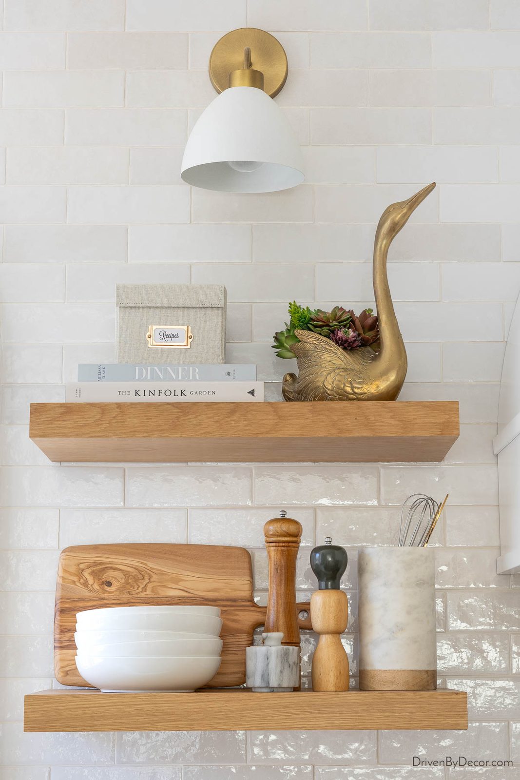 Floating white oak shelves in kitchen