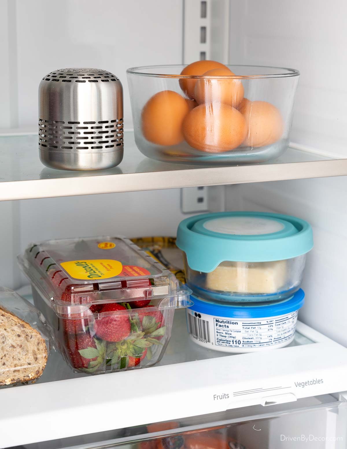 Refrigerator deodorizer next to eggs in fridge