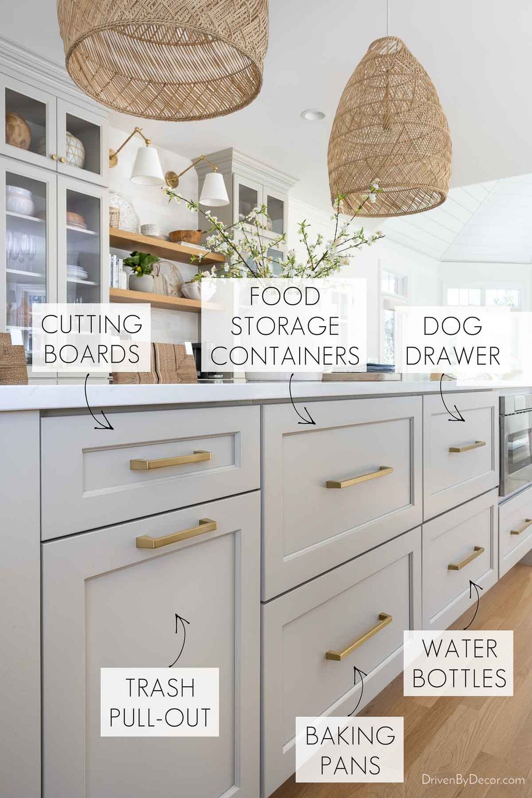 Kitchen island drawers with labels of what's stored inside