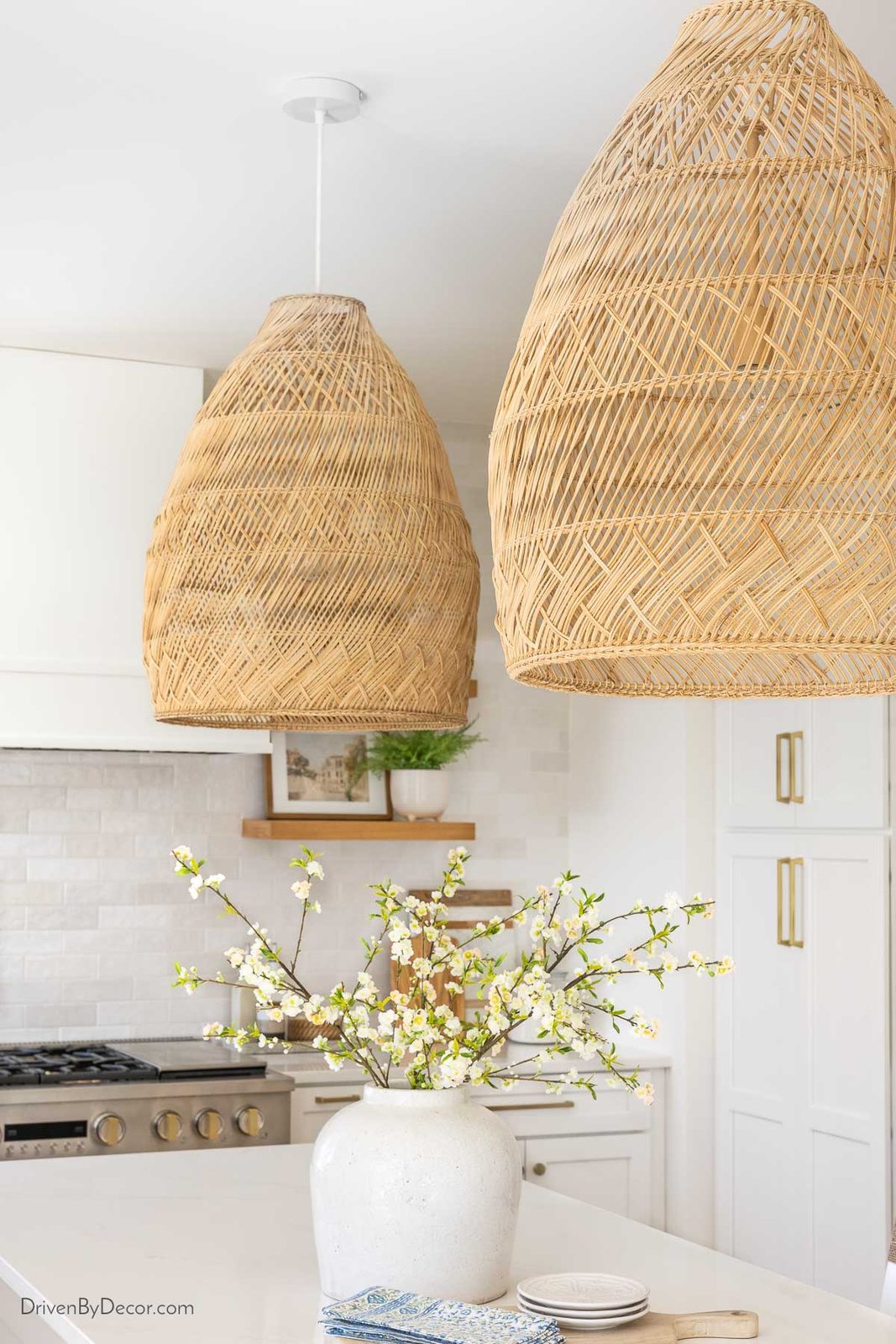 Rattan pendants over our kitchen island