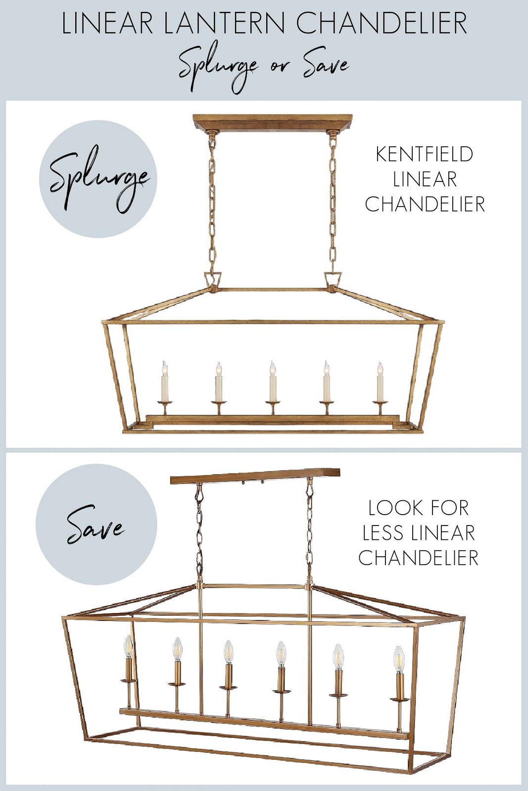 Linear lantern chandelier in splurge and save versions