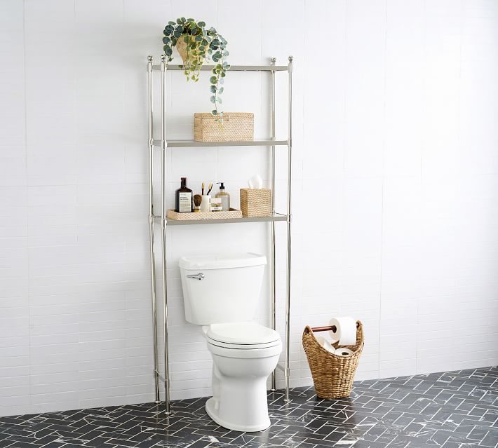 Polished nickel over the toilet storage shelves