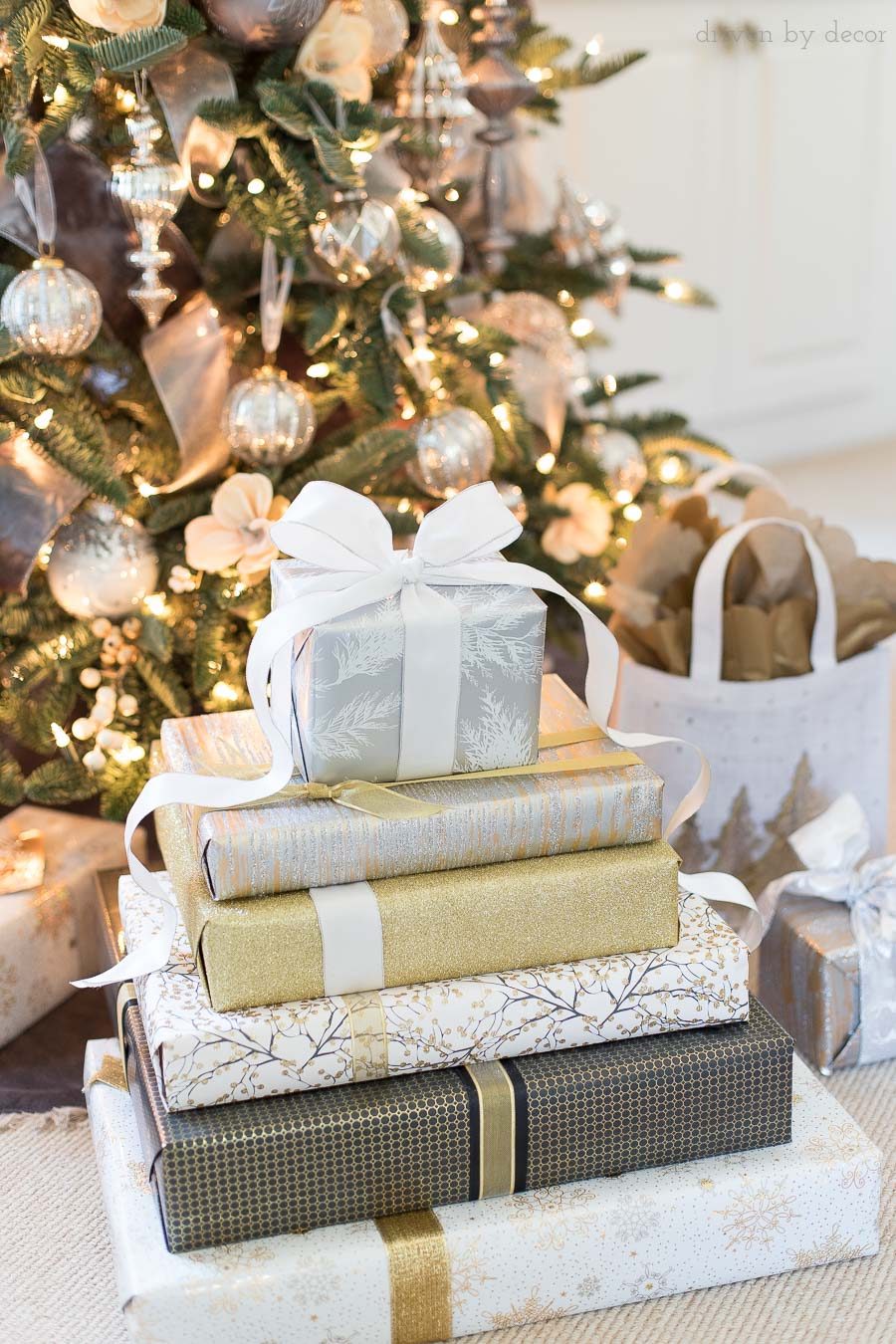 Loving the gold and silver metallics gift wrap and ribbon and how it all coordinates so well together!