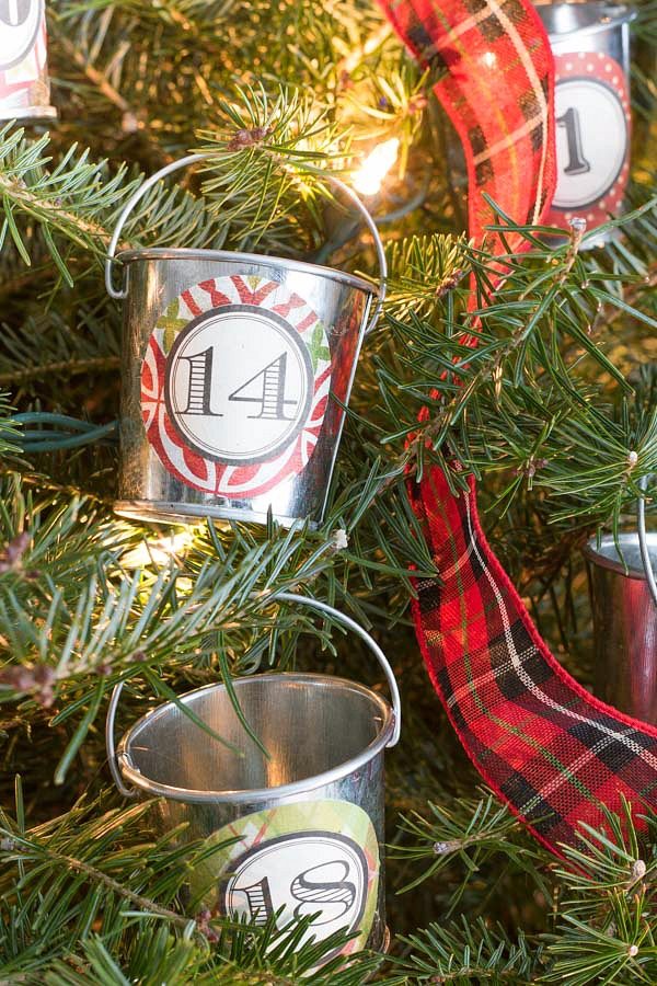 Our Christmas home tour - mini galvanized buckets hold advent calendar treats