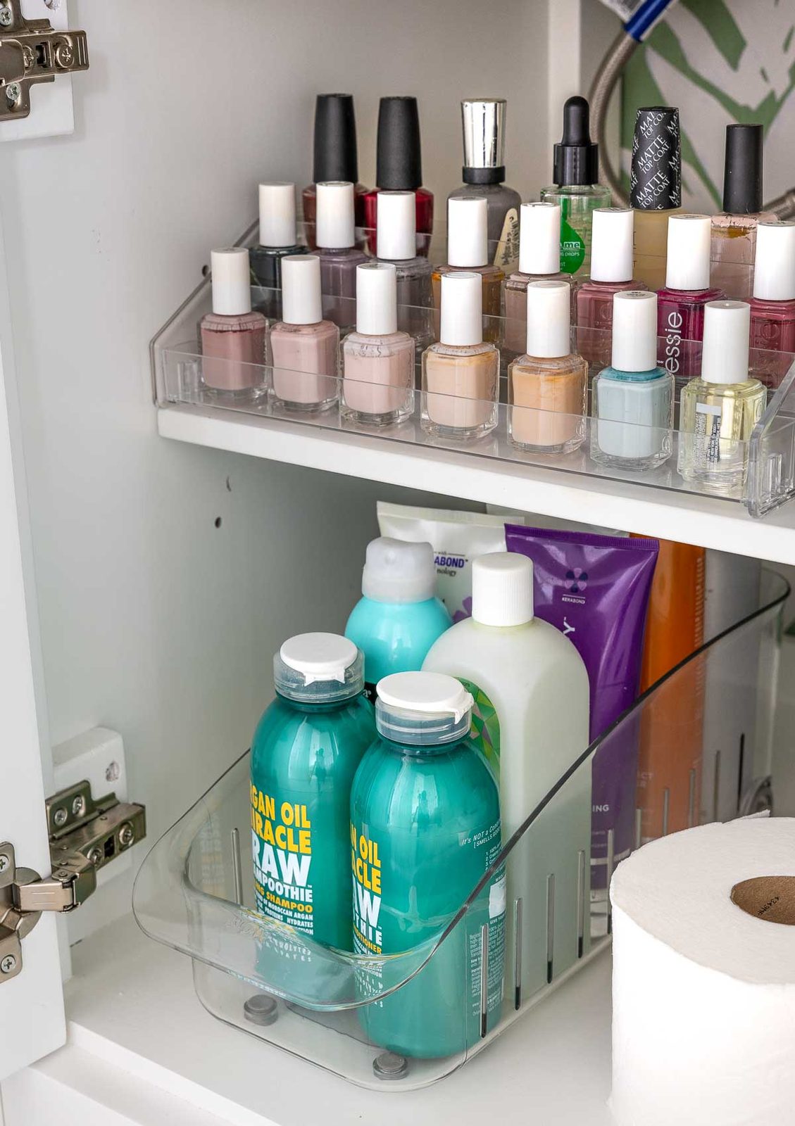 Nail polish organizer in bathroom cabinet
