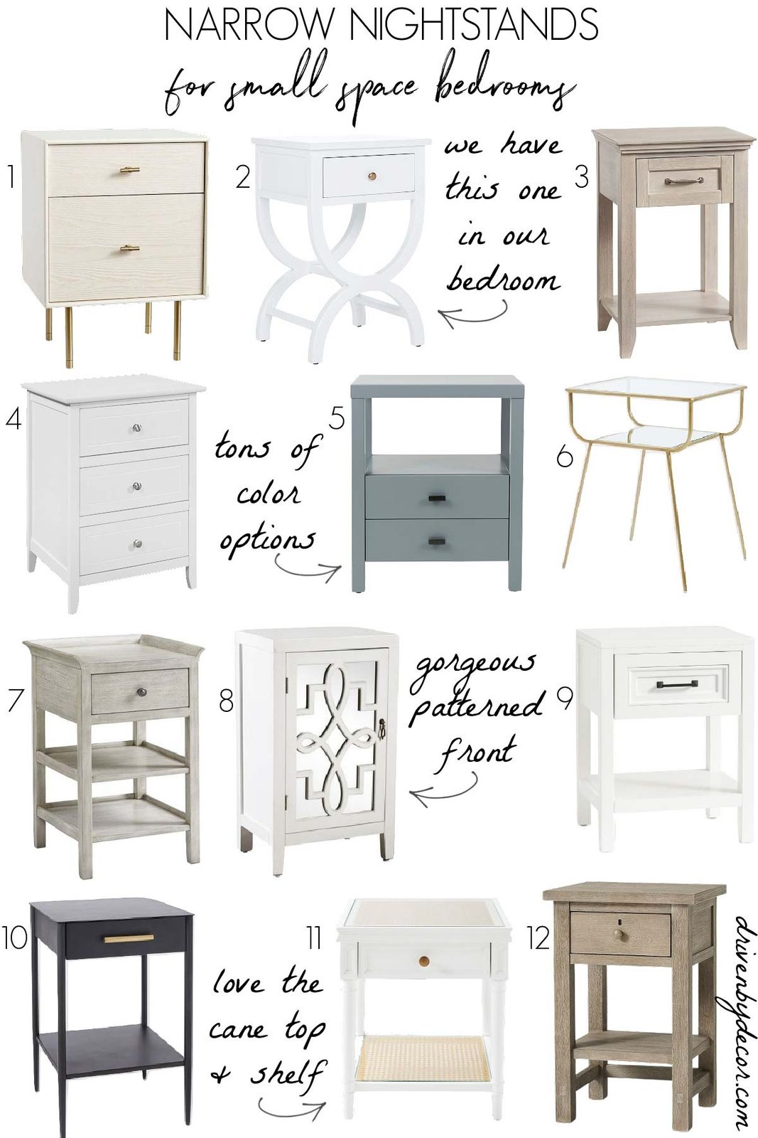 Narrow nightstands for small space bedrooms!
