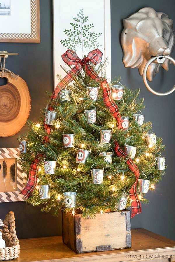 Christmas home tour - our Christmas advent tree with treats in mini galvanized buckets