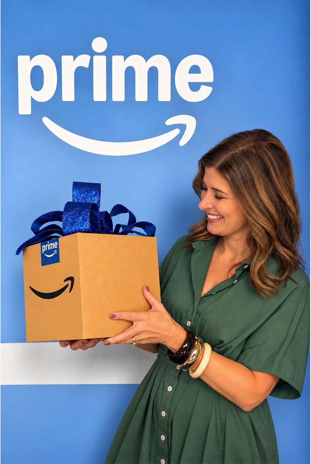 Kris with Prime Day box with bow in front of Prime logo