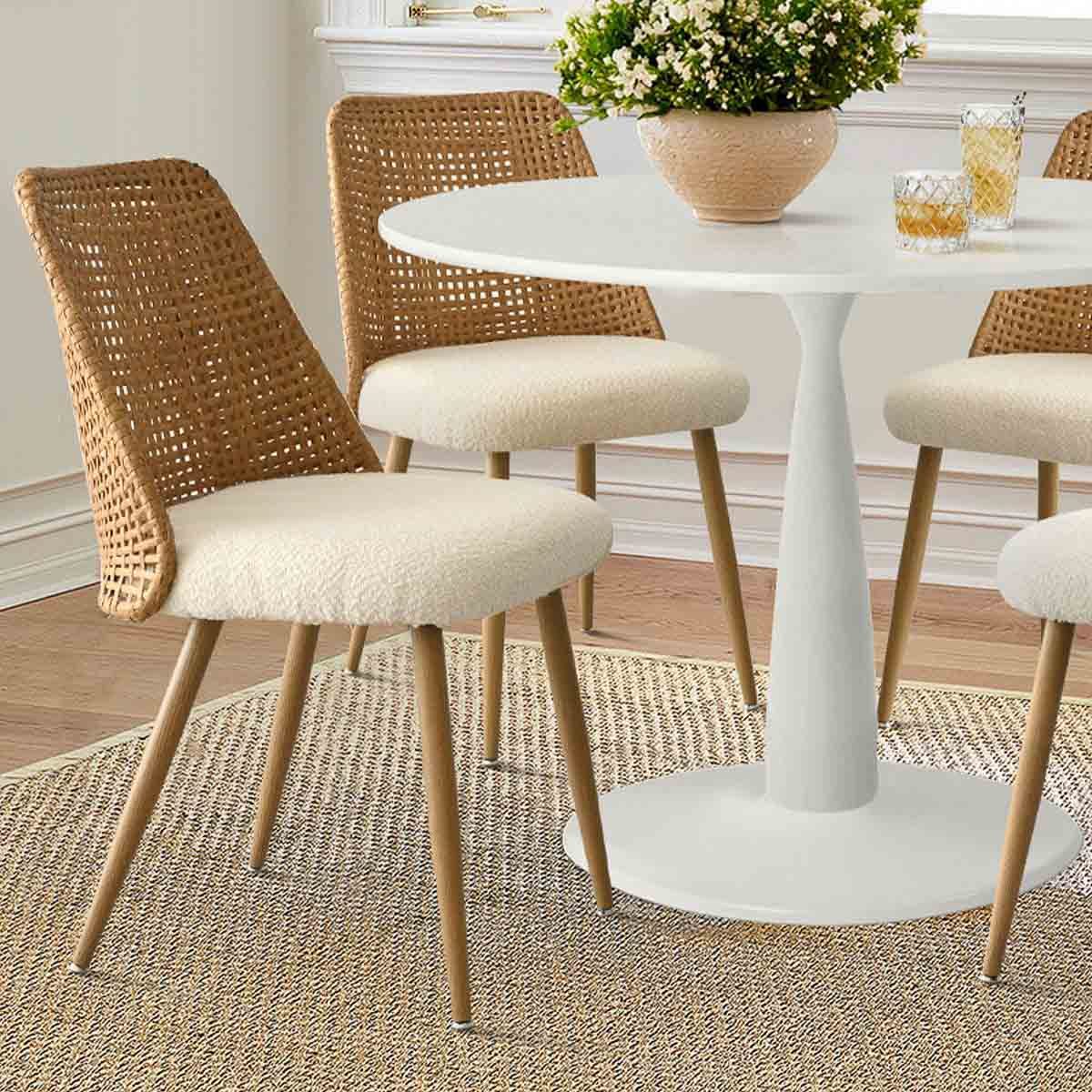 Dining chair with woven back and boucle fabric seat